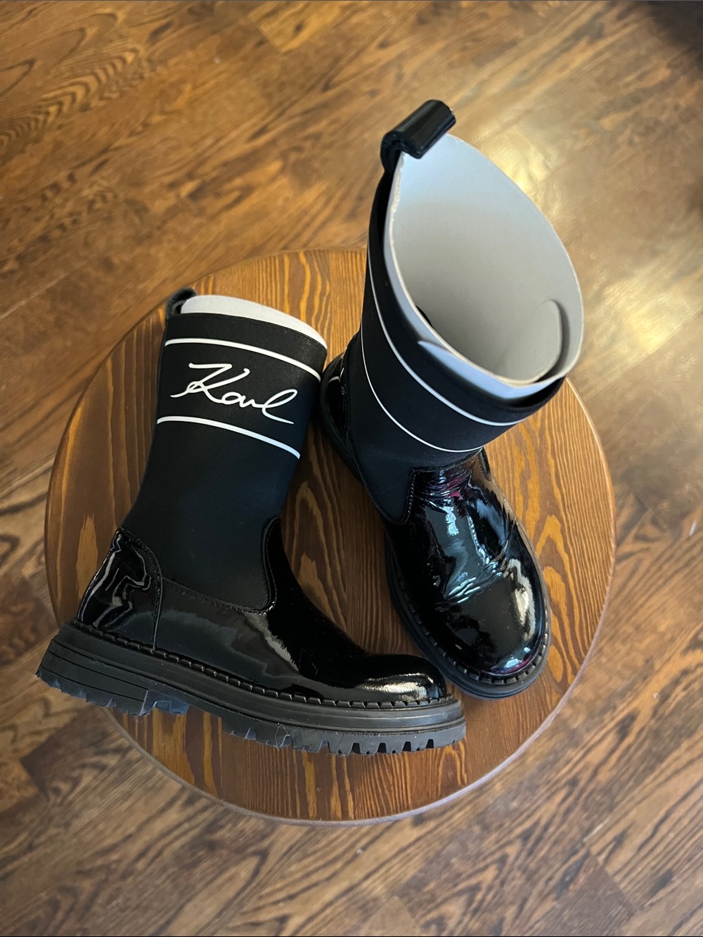 Karl Lagerfeld Kids Glossy Black Patent Mid-Calf Boots with White Trim